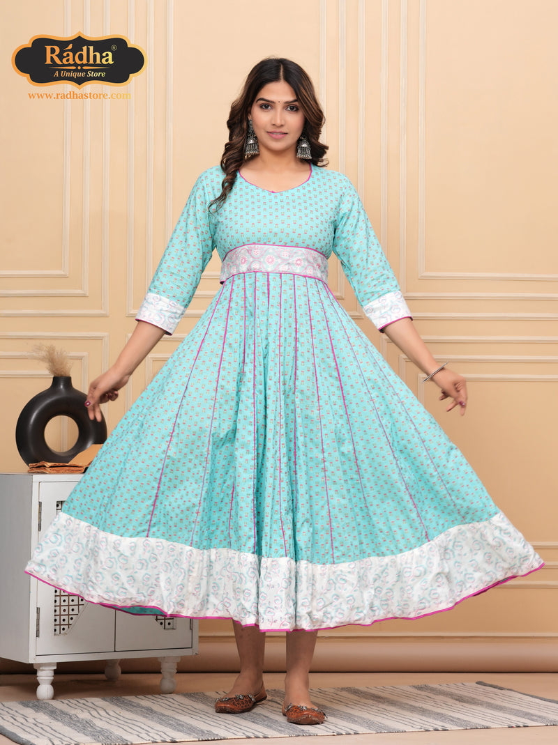 Radha Store Iskcon Anarkali Dress -Exquisite Designer Attire for Women (LIGHT ASMANI)