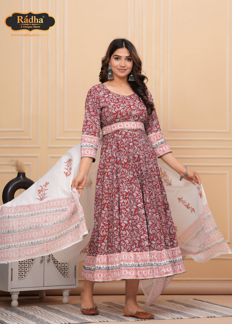 Radha Store Iskcon Anarkali Dress -Exquisite Designer Attire for Women (Light RED)