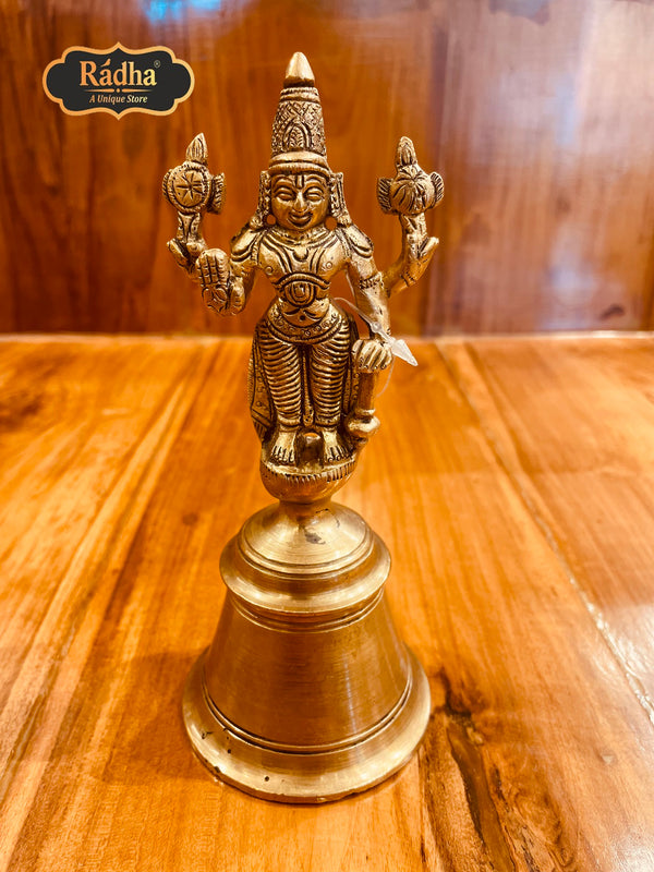 Radha Store Lord Vishnu Handheld Bell - 7-Inch Brass Statue in Alluring Gold Color