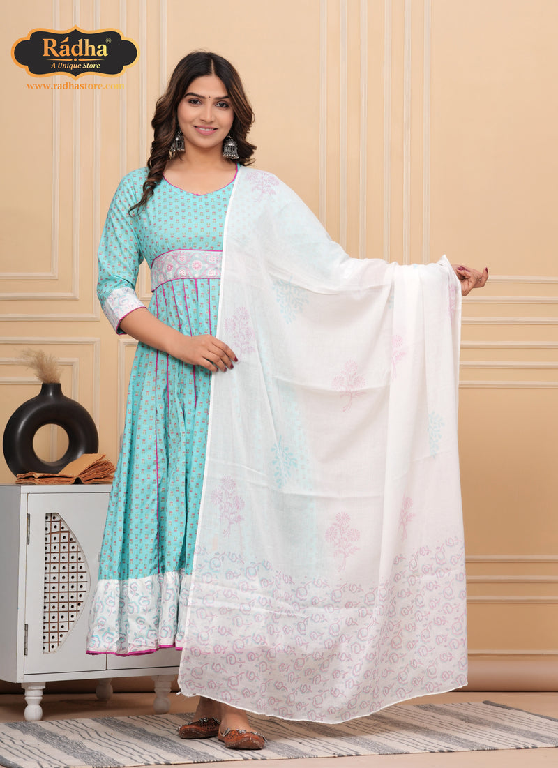 Radha Store Iskcon Anarkali Dress -Exquisite Designer Attire for Women (LIGHT ASMANI)