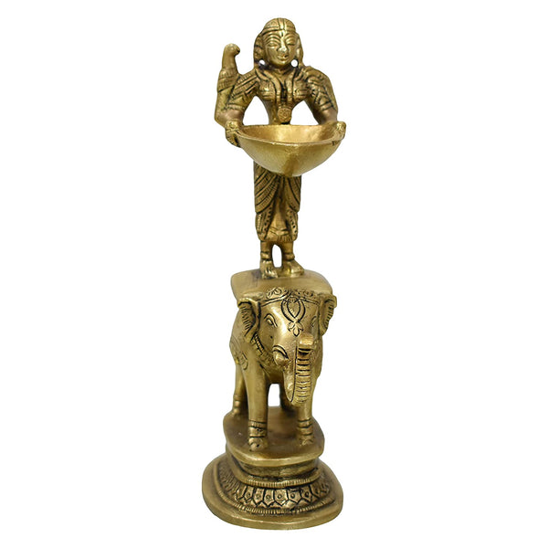 Brass Fine Carved Devi On Elephant Holding Deepak & Parrot on Shoulders 17cm