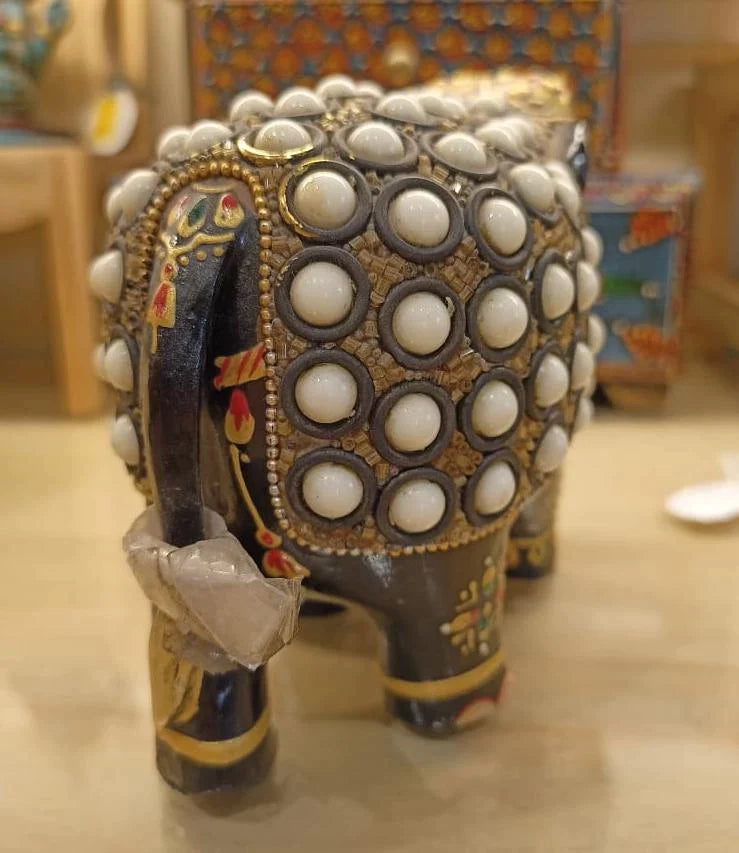 handicraft Wooden Down Trunk Elephant Statue -Firoja White Stone with Blue Stones Outline & Embossed Painted II Beautifully Designed II Temple Decor II Home Decor II Gift Showpieces