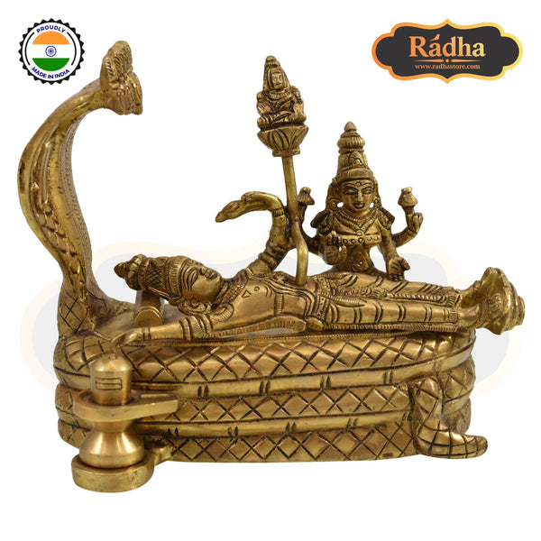 Brass Fine Carved Sleeping Vishnu Laxmi ji Sheshnag Brahama Shivlingam 13cm