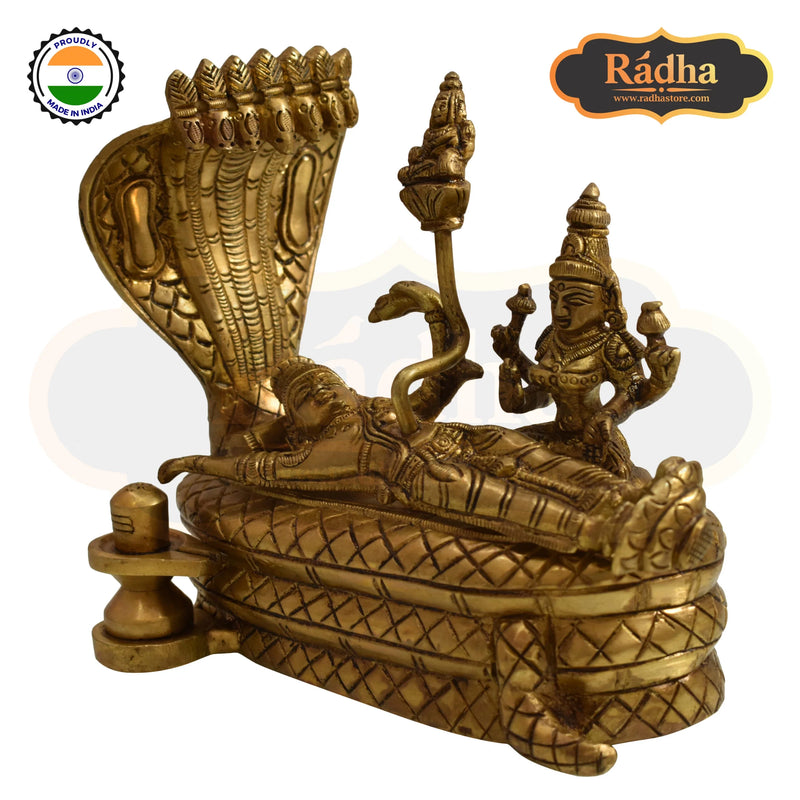 Brass Fine Carved Sleeping Vishnu Laxmi ji Sheshnag Brahama Shivlingam 13cm