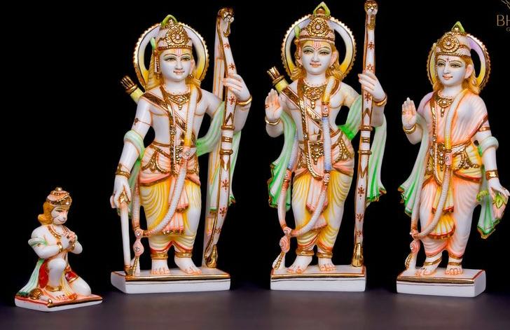 Radha Store Craft Marble Ram Darbar Idol, Ram Sita Laxman and Hanuman Statue, White Golden, Home Decoration, Office Decoration I Made in India