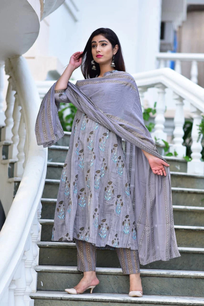Radha Store Vrindavan Womens Cotton A- Line Kurti Grey Colour