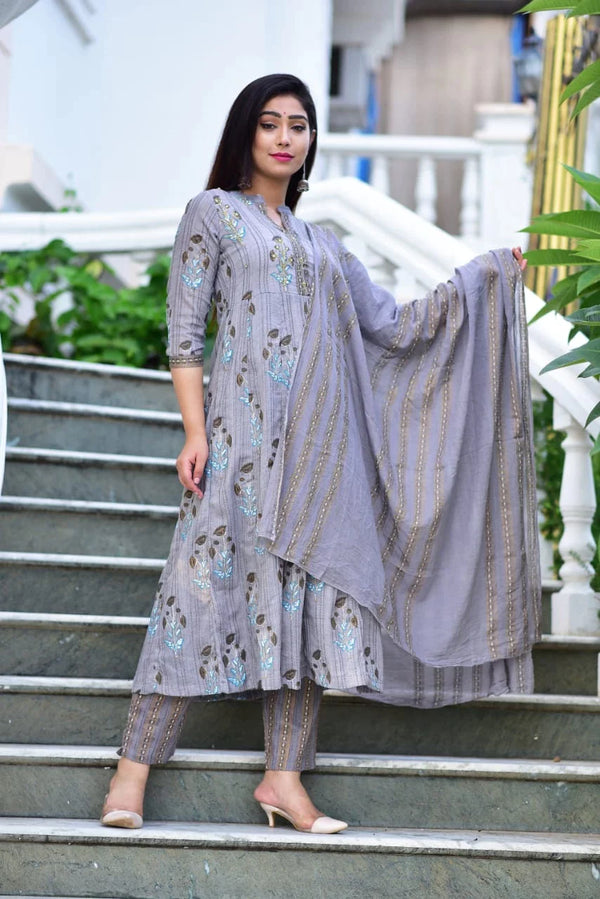Radha Store Vrindavan Womens Cotton A- Line Kurti Grey Colour